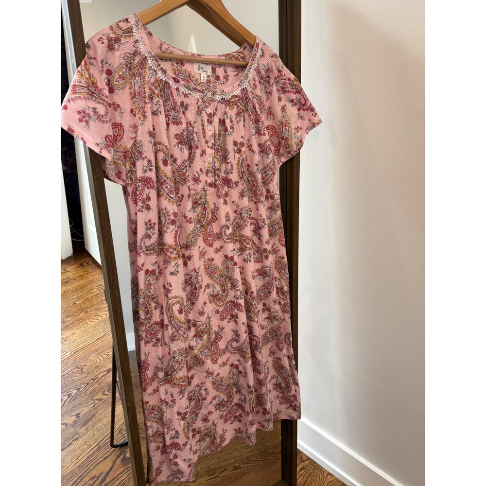 New Aria Collection Pink Paisley Cotton Nightgown Short Sleeve Lace Trim XL NEW